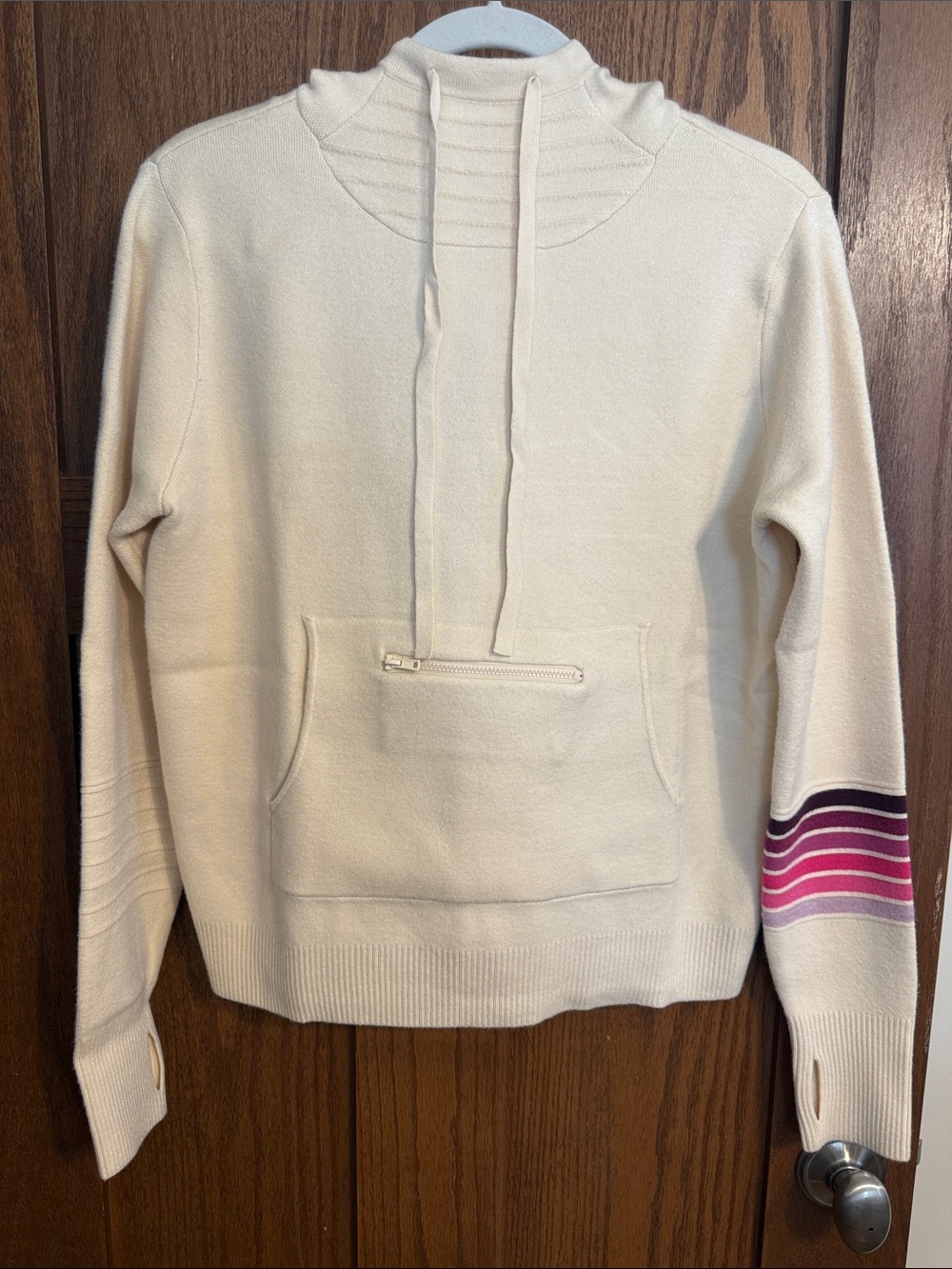 C&C California Cream Hooded Pullover with Pink & Purple Sleeve Stripes